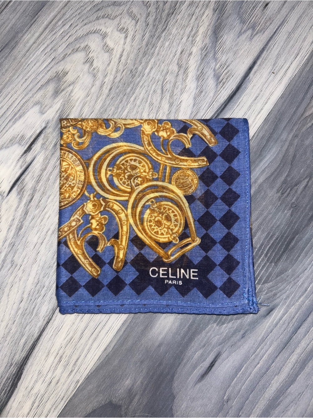 Vintage Celine Blue Cotton Handkerchief with Gold Medallion Design - Picture 2 of 11